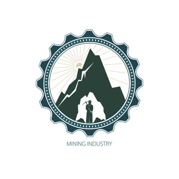 Logo Design Element, Miner against Mountains,Emblem of the Mining Industry, Label and Badge Mine Shaft, Vector Illustration