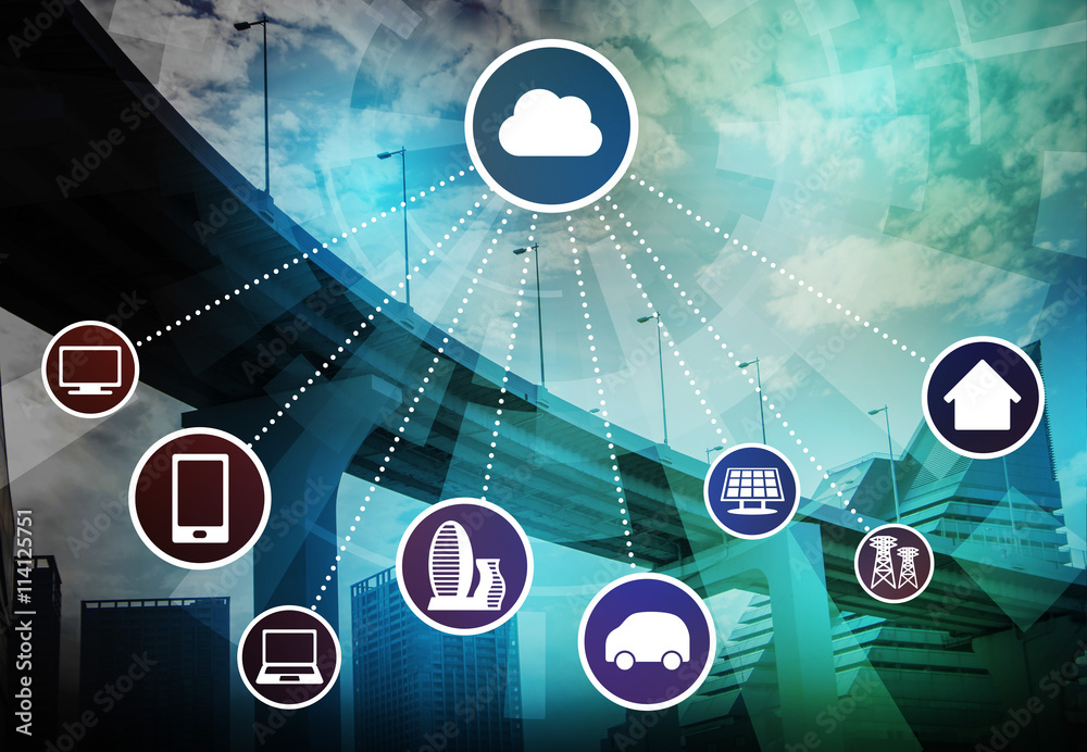 Poster cloud computing and various communication devices, abstract image visual