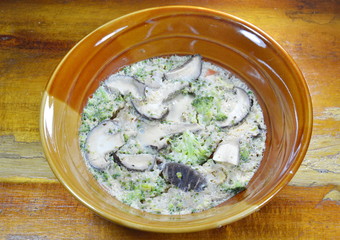 steamed egg fill mushroom and broccoli on bowl