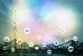 smart city and internet of things, various communication devices, architecture, transportation, industry, infrastructure,medical, home electronics, abstract image visual