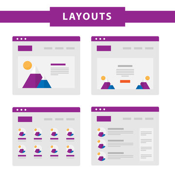 Set of simple flat website templates. Web wireframe vector. Ux interface page design. prototype example. Web layouts