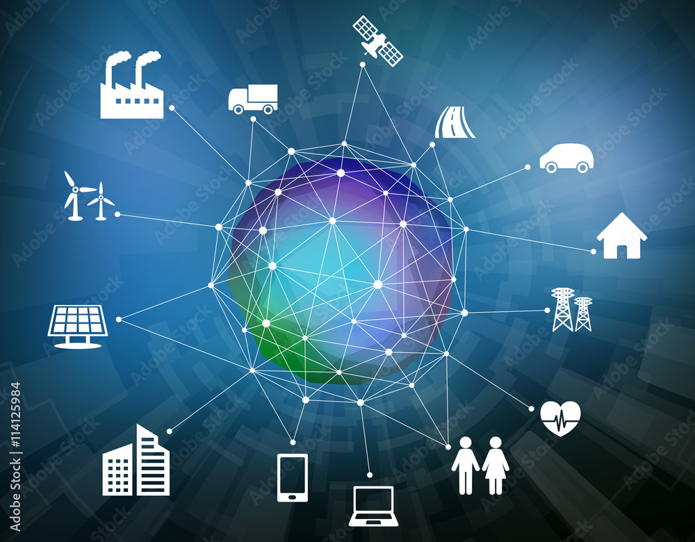Poster various smart devices and mesh network, internet of things, wireless sensor network, abstract image visual