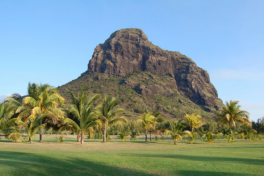 Le Morne Brabant mountain view from the golf course at Le Paradis