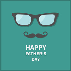 Happy fathers day. Greeting card with curl moustache and eyeglasses. Hipster big mustache and sunglasses. Green background. Flat design.