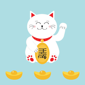Lucky cat holding golden coin. Japanese Maneki Neco cat waving hand paw icon. Chinese gold Ingot. Feng shui Success wealth symbol mascot. Cute cartoon character. Greeting card. Flat Blue background