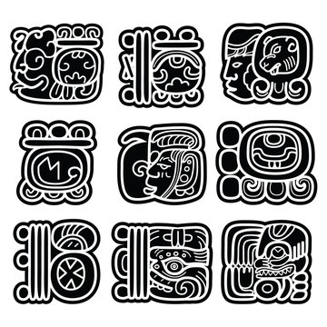 Mayan writing system, Maya glyphs and languge vector design  