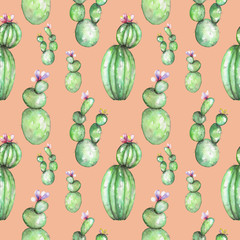 A seamless pattern with the watercolor various kinds of cactuses, hand drawn on a tender pink background
