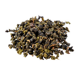 Heap of dry green tea  on white background