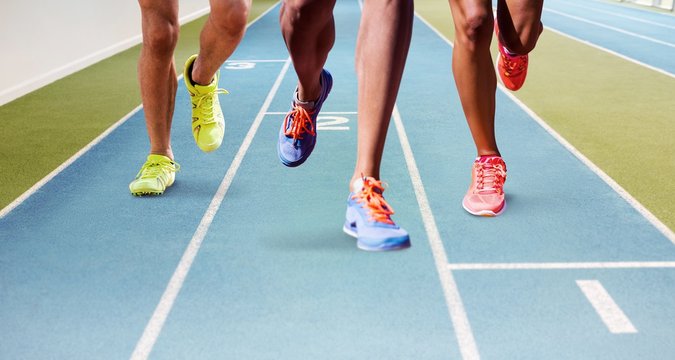 Composite image of close up of sportsman legs running