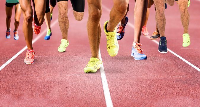 Composite image of close up of sportsman legs running 