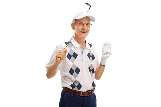 Senior Golfer Holding A Golf Club And A Ball