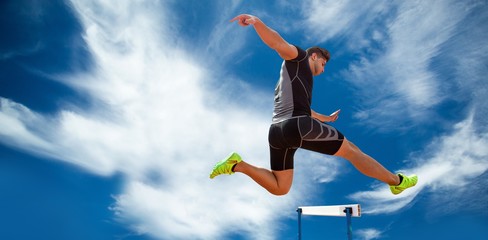 Composite image of athletic woman practicing show jumping