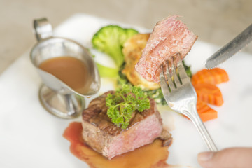 beef steak and vegetables with mash potato
