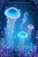 Fototapeta premium Magiczne świecące meduzy pod wodą. Świat podmorski. Bajkowa ilustracja inspiracji