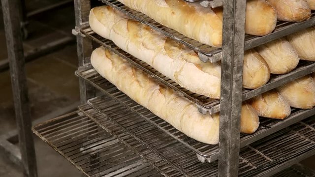 Fresh hot French baguettes in handcart from oven