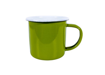 Green vintage metal mug isolated on white background