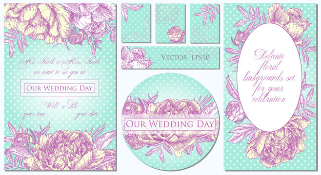 Set of templates for celebration, wedding. Vector illustration of flowers. Backgrounds with beautiful peonies. 