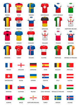 Collection of various soccer jerseys and flags of countries.  Ve