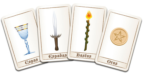 Tarot cards - SPANISH LABELING: cups, swords, wands, pentacles. Isolated vector illustration on white background.