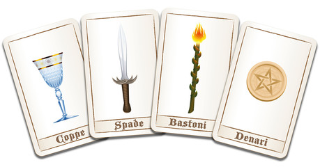 Tarot cards with ITALIAN TERMS of the symbols: cups, swords, wands, pentacles. Isolated vector illustration on white background.