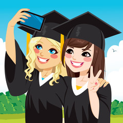 Two beautiful student girls on graduation day celebration taking selfie