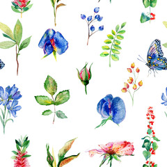 Seamless pattern with blue Sweet pea, Lathyrus odoratus, leaves. Watercolor flowers. Vintage. Can be used for gift wrapping paper and other backgrounds.