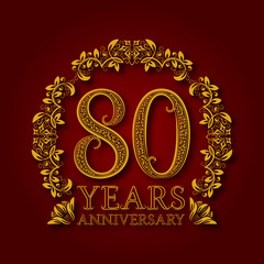 Golden emblem of eightieth years anniversary. Celebration patterned logotype with shadow on red.
