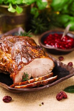 Roast Pork With Cranberry Dip, Basil, Coriander And Rosemary.