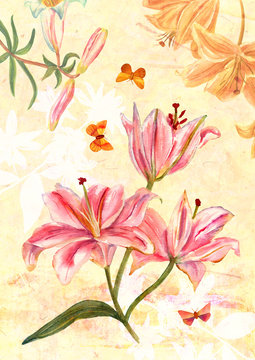 Vintage greeting card with watercolor lilies and butterflies