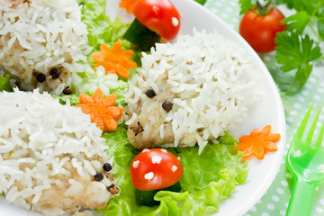 Baby healthy food: steamed hedgehogs meatballs with rice