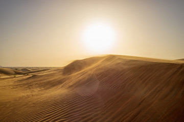 Yellow desert sands stretching to the horizon. The high dunes in