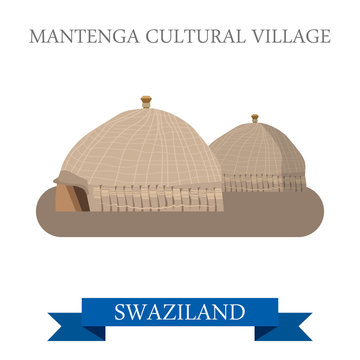 Mantenga Cultural Village in Swaziland. Flat vector illustration