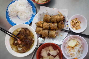 Bun cha, grilled pork rice noodles and herbs, vietnamese cuisine. Us President, Obama used to try this food in Ha Noi when visiting Vietnamese Capital in 2016.