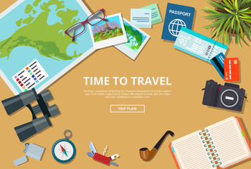 Time to travel agency web brochure vector illustration trip plan