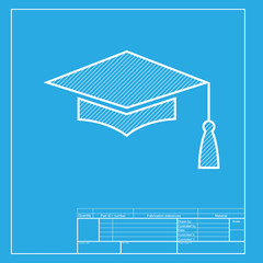 Mortar Board or Graduation Cap, Education symbol. White section of icon on blueprint template.