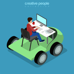 Isometric Mobile Office business Flat 3d man table car vector