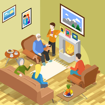 Isometric family home fireplace coffee time relax vector Flat 3d