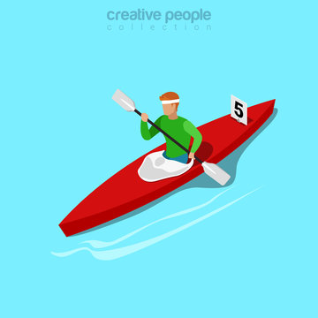 Isometric kayaker rowing sports Flat 3d isometry web vector.