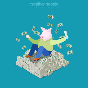 Pig man piggy head dollar money business isometry flad 3d vector