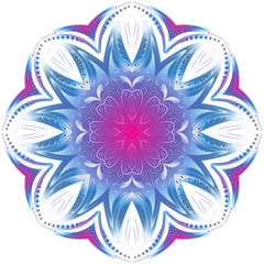 Geometric circle element. Mandala for decoration holiday cards, background and sites. Purple neon mandala. Kaleidoscope, medallion, yoga, India, arabic style