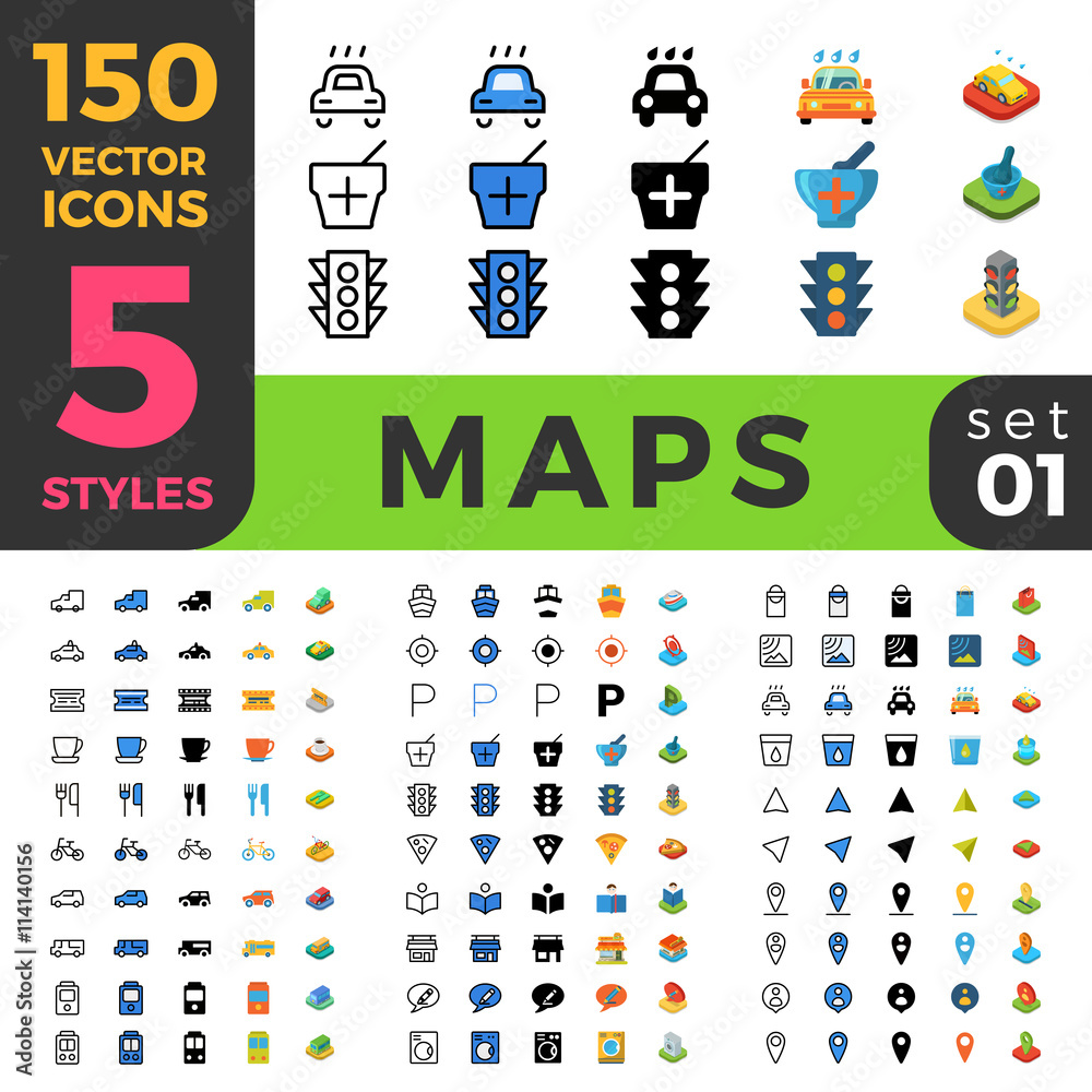 Wall mural maps navigation 150 line flat isometric mobile web site icon set