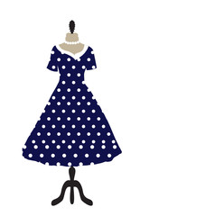 Retro dress on a hanger, dotted design, polka dots, hand drawing. Fashion, style invitation card. Vector illustration.