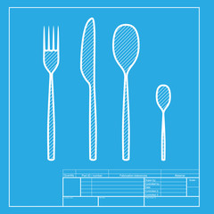 Fork spoon and knife sign. White section of icon on blueprint template.