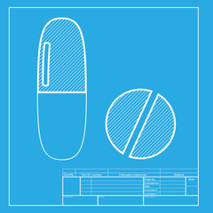 Medical pills sign. White section of icon on blueprint template.