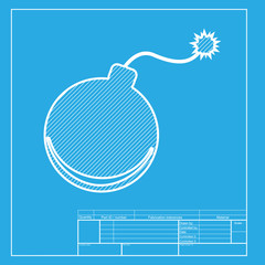 Bomb sign illustration. White section of icon on blueprint template.