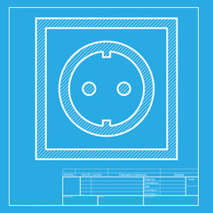 Electrical socket sign. White section of icon on blueprint template.