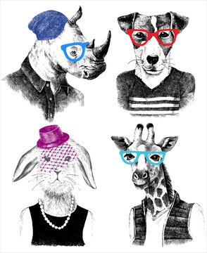 dressed up animals set in hipster style