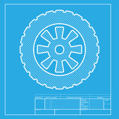 Road tire sign. White section of icon on blueprint template. © asmati
