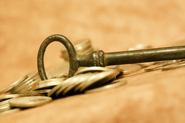 Key and money coins - self realization concept background