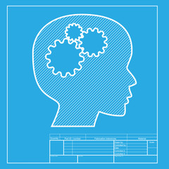 Thinking head sign. White section of icon on blueprint template.